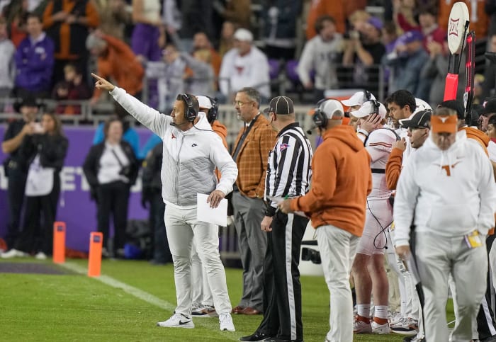 Texas Longhorns head coach Steve Sarkisian calls a play to his team against TCU Horned Frogs in the fourth quarter of an NCAA college football game, Saturday, November. 11, 2023, at Amon G. Carter Stadium